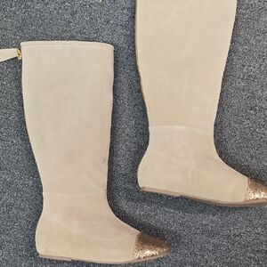 Chic Beige Kids Knee-High Boots with Gold Toe